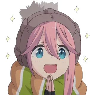 ✨ Nadeshiko Kagamihara Yuru Camp anime, cute, girl, happy, sparkle, character, outdoors, camping telegram sticker