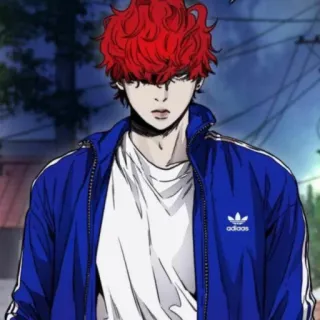 🚲 Аниме, Персонаж, Рыжие волосы, Синяя куртка, Adidas, Манга telegram sticker
