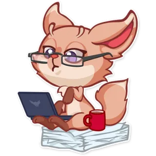 🤓 fox, animal, laptop, coffee, glasses, cute, cartoon, work telegram sticker