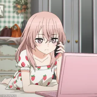 🎀 Gadis anime, Rambut merah muda, Laptop, Gaun stroberi, Panggilan telegram sticker