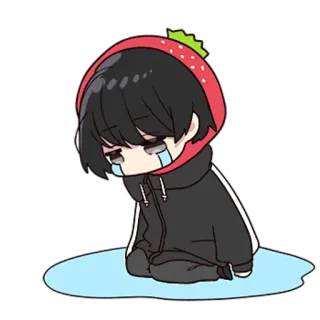 😭 triste, pleurs, fraise, sweat à capuche, anime, sticker, cheveux noirs, anime triste whatsapp sticker
