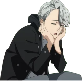 😔 Viktor Nikiforov Yuri!!! on Ice Аниме, Мультфильм, Седые волосы, Персонаж, Сидит, Уставший, Сонный whatsapp sticker