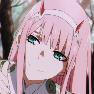 🍭 Zero Two Darling in the Franxx Anime, Zero Two, Darling in the Franxx, rambut merah muda, tanduk, karakter, gadis telegram sticker