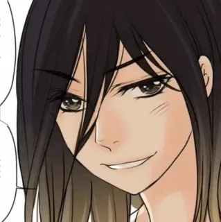 🍙 femme, sourire narquois, cheveux noirs, style animé, manga, portrait femme, visage, personne telegram sticker