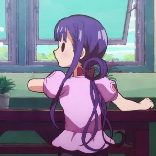 ✖ anime, garota, cabelo roxo, janela, planta, desenho animado telegram sticker