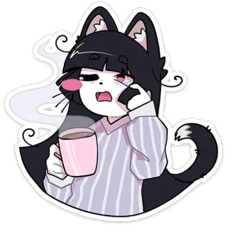 😴 gatto femmina, caffè, assonnato, mattina, carino, cartone animato whatsapp sticker