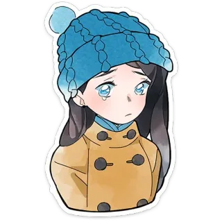 ⭐ stiker, gadis anime, menangis, sedih, musim dingin, topi, imut telegram sticker