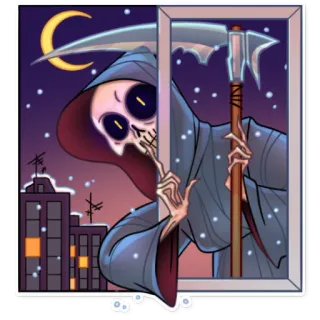 🤐 Grim Reaper ceifador, morte, foice, caveira, noite, janela, desenho animado telegram sticker