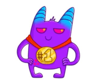 🥇 #1 Cartoon, Monster, Nummer Eins, Lila, Goldmedaille, Gewinner whatsapp sticker