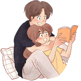 📚 couple, reading, cute, love, embrace, book, illustration whatsapp sticker