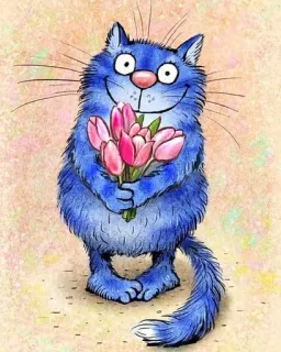 💐 cat, blue cat, flowers, tulips, cartoon, cute, animal telegram sticker