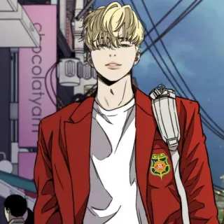 🍸 Anime, Manga, Personaje, Blazer rojo, Pelo rubio, Coreano, Cortavientos whatsapp sticker