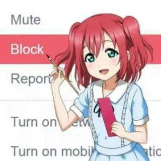 ⛔️ Mute
Block
Report Anime, Blokir, Bisukan, Laporkan, Media sosial telegram sticker