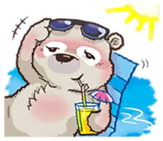 😌 gấu, hoạt hình, mùa hè, bãi biển, thư giãn, kính râm, đồ uống whatsapp sticker