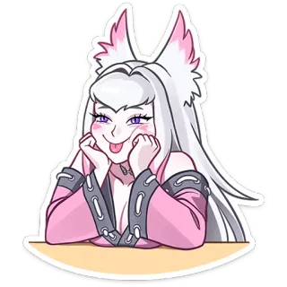 😋 动漫女孩, 狐狸耳朵, 粉色, 白发, 卡通, 可爱 telegram sticker