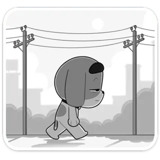 😔 dog, cartoon, walking, street, sad, monochrome, cute telegram sticker