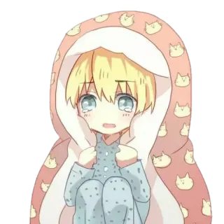 😢 Anime, Triste, Pleurs, Mignon, Capuche, Motif chat, Pyjama telegram sticker