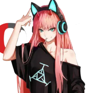 😋 Zero Two Darling in the Franxx ragazza anime, zero two, orecchie da gatto, cuffie, carina, capelli rosa, corna, lecca-lecca telegram sticker