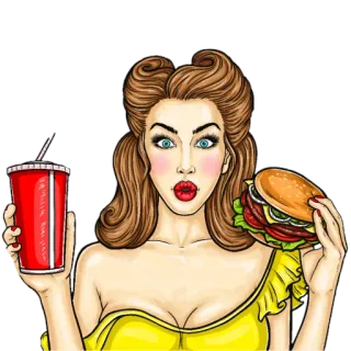 🍔 woman, burger, soda, food, cartoon, pop art, retro, pin-up telegram sticker