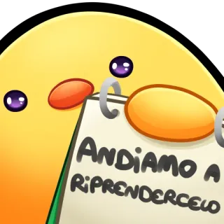 🐤 ANDIAMO A RIPRENDERCELLO dibujos animados, personaje amarillo, bloc de notas, italiano, vamos whatsapp sticker