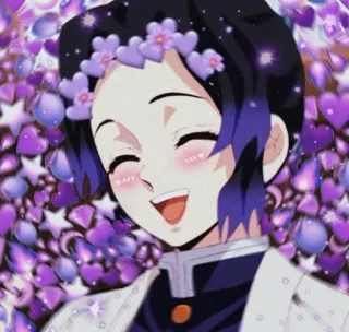🥺 Shinobu Kocho Demon Slayer Anime, Shinobu Kocho, Demon Slayer, Coroa de flores, Sorriso, Roxo telegram sticker