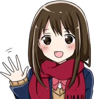 👋 fille anime, salut, écharpe, dessin animé, mignon, salutation whatsapp sticker