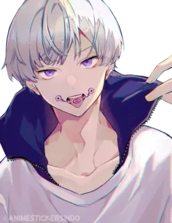 🍣 anime, personagem, olhos roxos, cabelo branco, piercing na língua telegram sticker
