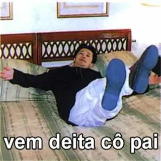 😏 vem deita cô pai meme, funny, man, bed, text whatsapp sticker
