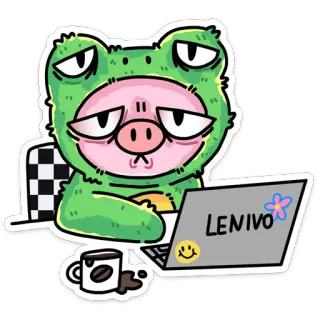 😕 LENIVO 青蛙, 猪, 电脑, 懒, 累, 咖啡 telegram sticker