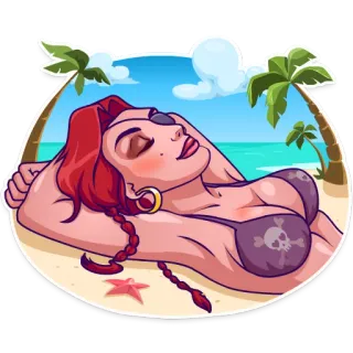 🙂 Frau, Strand, Pirat, Bikini, Cartoon, Entspannung, Meer telegram sticker