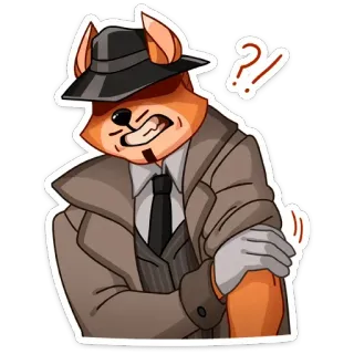 😡 fox, detective, cartoon, hat, coat, question mark whatsapp sticker
