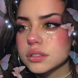 💞 triste, chica, llorando, maquillaje, mariposas, estético telegram sticker