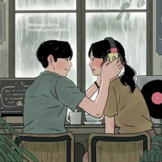 💕 Myeong-Minho Grafolio.com/93minho pareja, auriculares, música, lluvia, amor, dibujos animados telegram sticker
