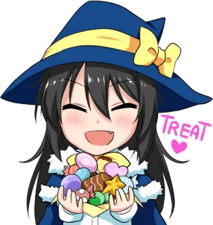 😇 TREAT golosina, caramelo, halloween, chica anime, sombrero de bruja, dulces, lindo, dibujos animados telegram sticker