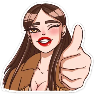 👍 donna, cartone animato, ragazza, bellezza, moda, pollice in su, occhiolino whatsapp sticker