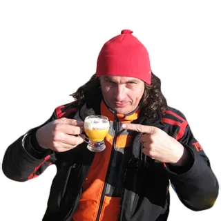 ☕️ BOMBO мужчина, пиво, пьет, указывает, красная шляпа telegram sticker