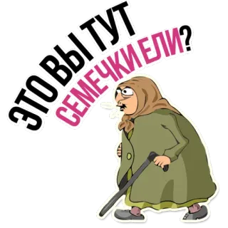 😡 ЭТО ВЫ ТУТ СЕМЕЧКИ ЛУЗГАЕТЕ? vieille femme, babouchka, russe, graines, bâton, drôle telegram sticker