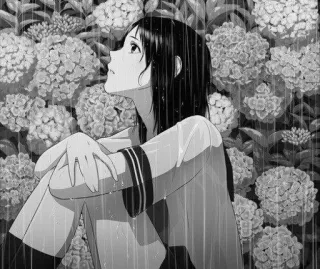 🖤 Anime, Pioggia, Ortensia, Ragazza, Bianco e nero, Pensierosa telegram sticker