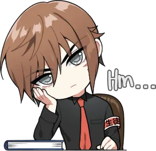 😶 hm... anime, menino, estudante, hm, pensando, sentado, livro telegram sticker