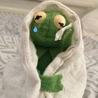 😥 Kermit 科米蛙, 难过, 玩偶, 毛巾, 哭泣, 表情包 telegram sticker