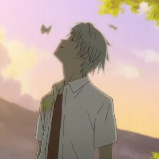 🥰 Anime, Menino, Pacífico, Ao ar livre, Pôr do sol, Juventude, Contemplativo, Borboleta telegram sticker