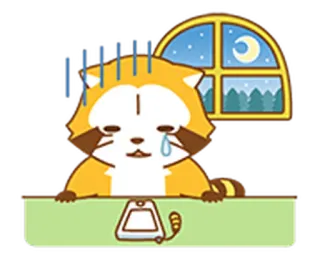 ☎ tanuki, triste, piangere, finestra, luna, notte telegram sticker