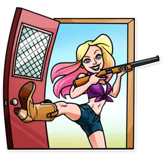 👋 woman, shotgun, gun, door, kicking, cowboy boot, cartoon, violence telegram sticker