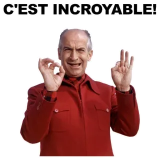👌 C'EST INCROYABLE! мужчина, красный костюм, жест ок, французский, текст, мем whatsapp sticker