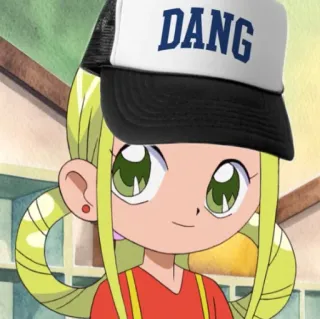 🤑 DANG Аниме, Мультфильм, Шляпа, Текст, Зеленые глаза, Девушка, Блин telegram sticker