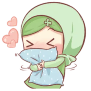 🧡 Cartoon, Mädchen, Kissen, Umarmung, Liebe, Süß, Hijab whatsapp sticker