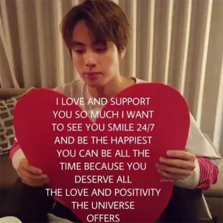 💖 Jin I LOVE AND SUPPORT
YOU SO MUCH I WANT
TO SEE YOU SMILE 24/7
AND BE THE HAPPIEST
YOU CAN BE ALL THE
TIME BECAUSE YOU
DESERVE ALL
THE LOVE AND POSITIVITY
THE UNIVERSE
OFFERS kpop, idole, fan, soutien, amour, coeur, positivité, sourire telegram sticker