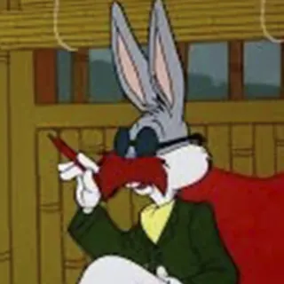 👨 Bugs Bunny dessin animé, lapin, déguisement, lunettes, moustache rouge telegram sticker