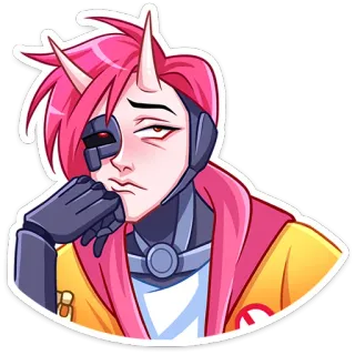 😑 cabelo rosa, chifres, cyborgue, anime, desenho animado, adesivo, demônio, entediado telegram sticker