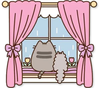☔ Pusheen Katze, Fenster, Regen, süß, rosa, grau, Tulpen telegram sticker
